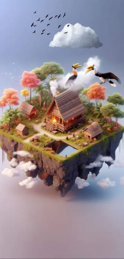 Fantasy art of a floating island village with vibrant trees and serene backdrop.