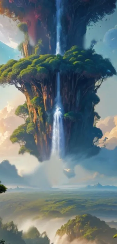 Floating island against a serene sky, featuring cascading waterfalls.