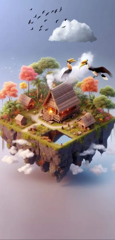 Floating island with cabin and birds in colorful fantasy setting.