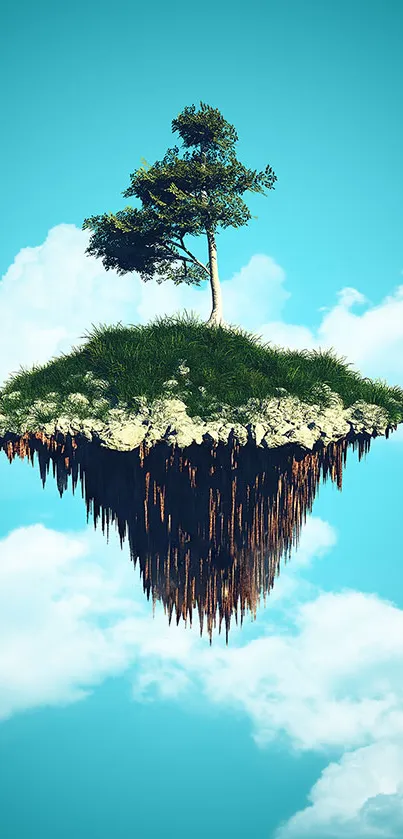 Floating island with tree against a serene blue sky and clouds.