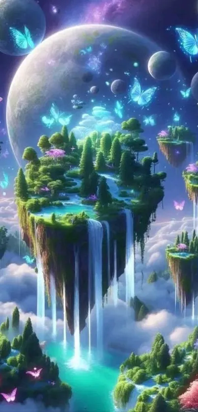A dreamlike scene with floating islands and colorful butterflies.