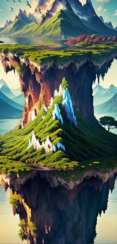 Floating island with lush mountains and blue sky fantasy wallpaper.