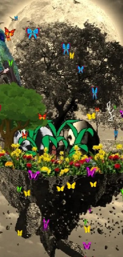 Fantasy art of a floating island with a colorful hummingbird.