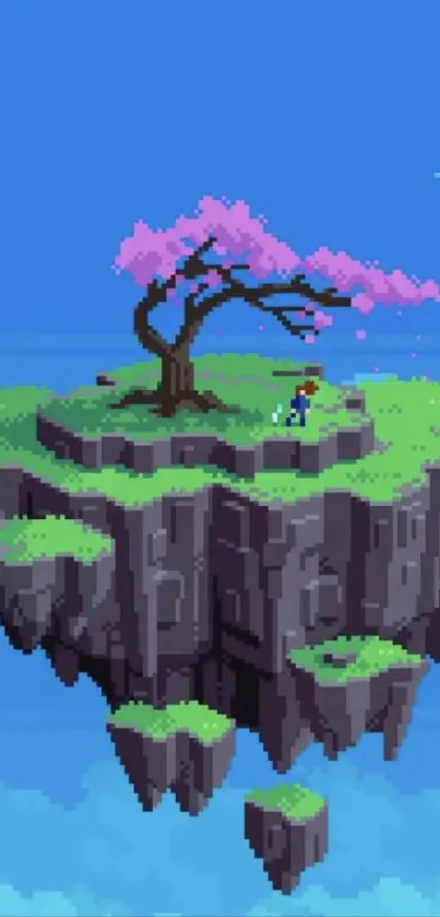 Pixel art of a floating island with tree above a blue sky.