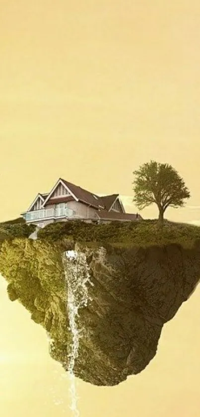 Floating island with house and waterfall on yellow background.