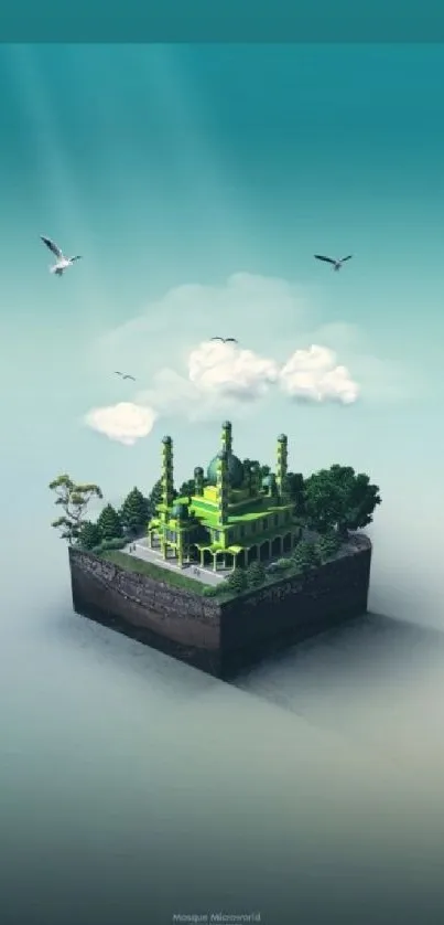 Mobile wallpaper of a floating island with greenery and sky.