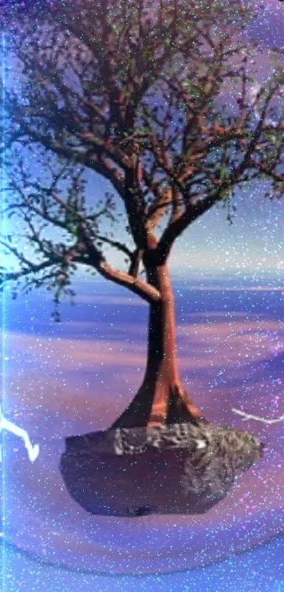 Tree on a floating island with cosmic energy.