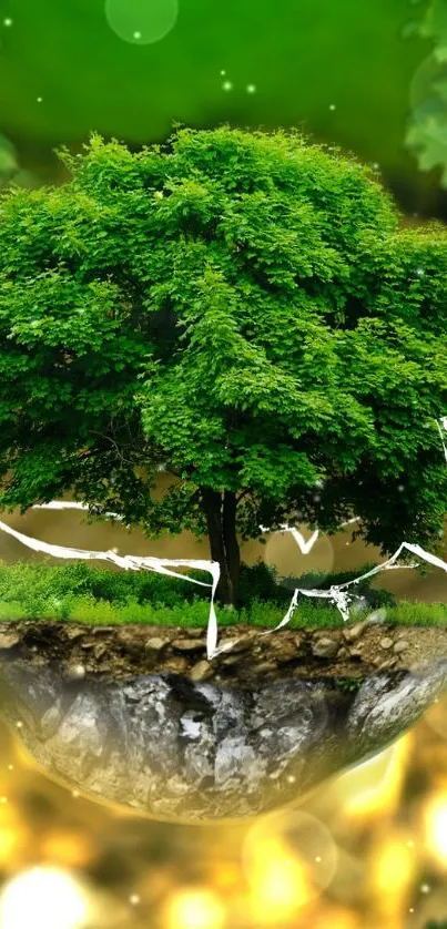 Floating island with vibrant green tree and golden background.