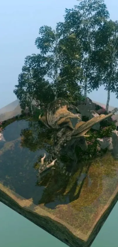 Dragon resting on a floating island with trees and water.