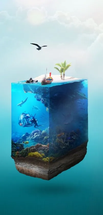 Floating island with ocean life and palm trees.