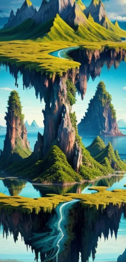 Fantasy wallpaper of floating islands with rivers and mountains.