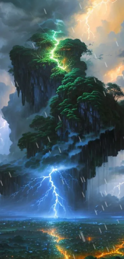 A fantasy scene of floating islands and lightning in a vibrant stormy sky.