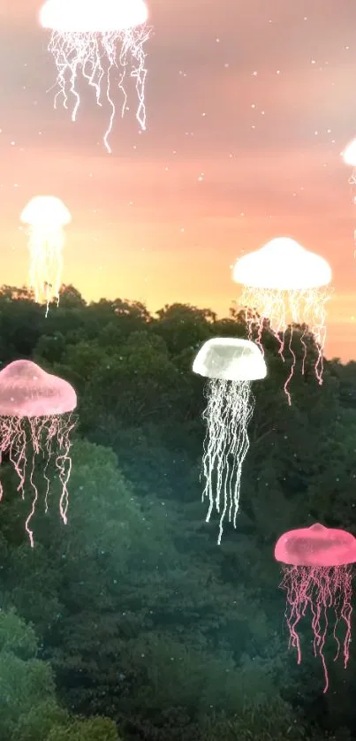 Glowing jellyfish floating above a forest at sunset.