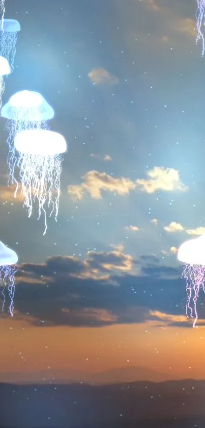 Floating jellyfish with glowing tentacles in a vibrant sunset sky and clouds.