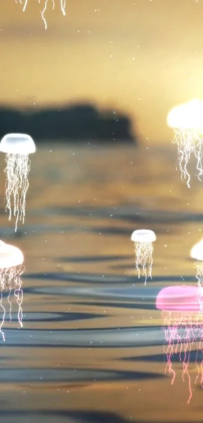 Jellyfish float gracefully in golden sunset sea.