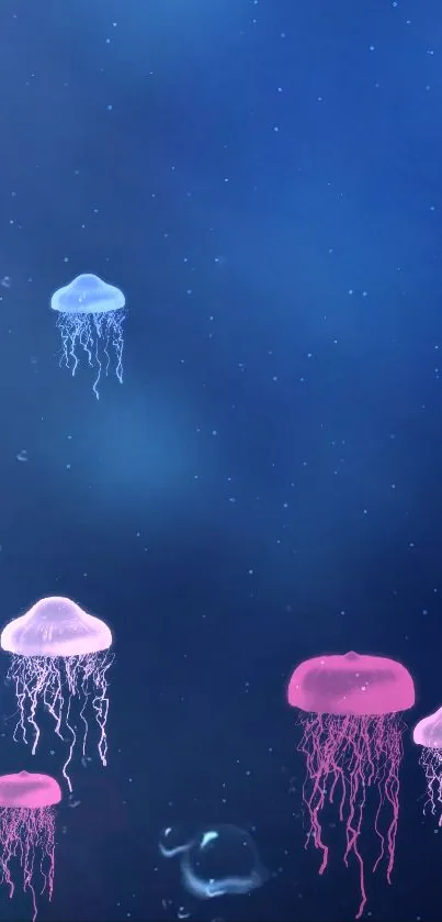 Jellyfish in deep sea wallpaper with pink and blue hues.