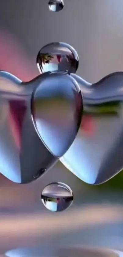 Floating metallic hearts with glossy, reflective surfaces in a stylish wallpaper.