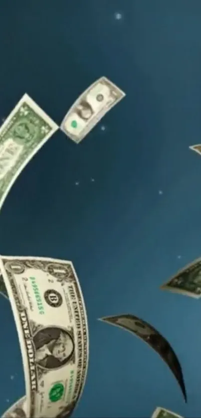 Floating dollar bills on a dark blue cosmic background.