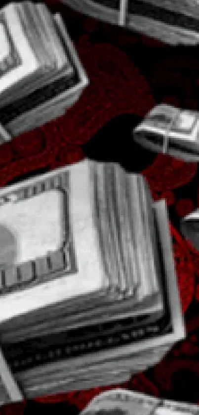 Wallpaper featuring floating bundles of dollar bills on a red and black background.