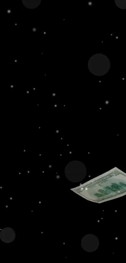 Dark mobile wallpaper with a floating dollar bill and starry background.