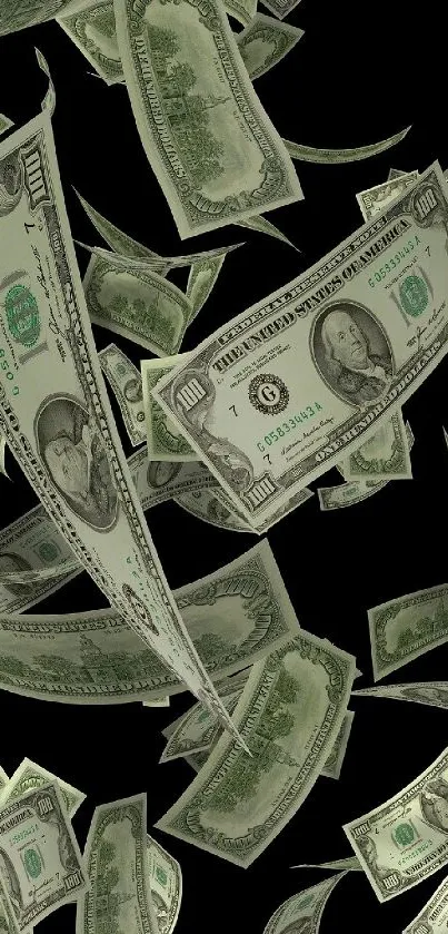Floating dollar bills on dark background wallpaper.