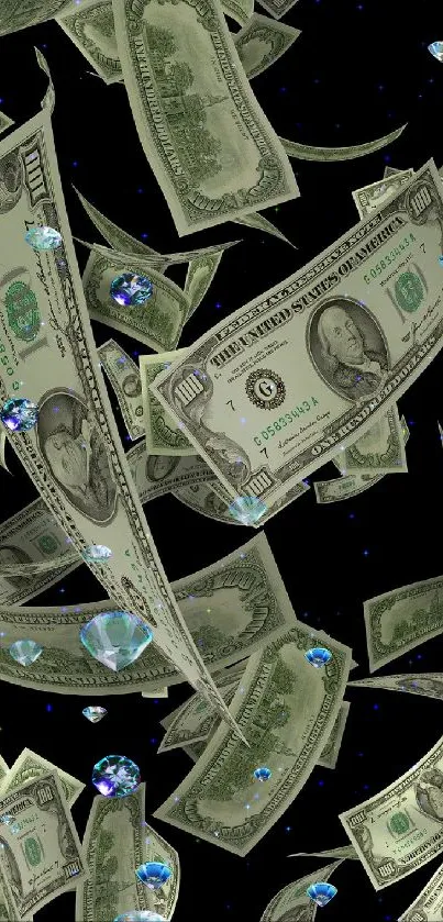 Wallpaper featuring floating dollar bills on a black background.