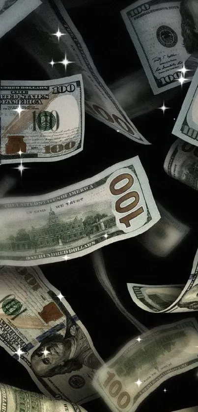 Floating US dollar bills on dark background wallpaper.