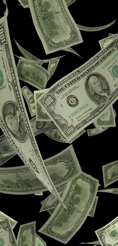 Mobile wallpaper with floating US dollars on a black background.