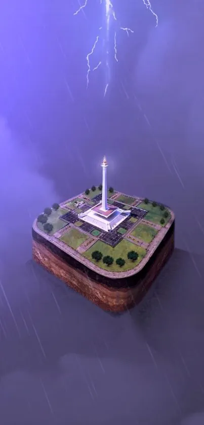 Floating island with monument amidst purple mist and distant lightning.