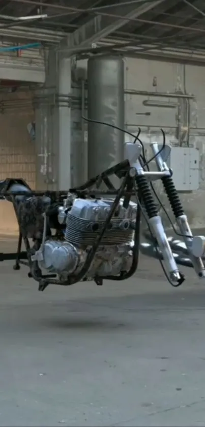 Floating motorcycle frame in industrial setting wallpaper.