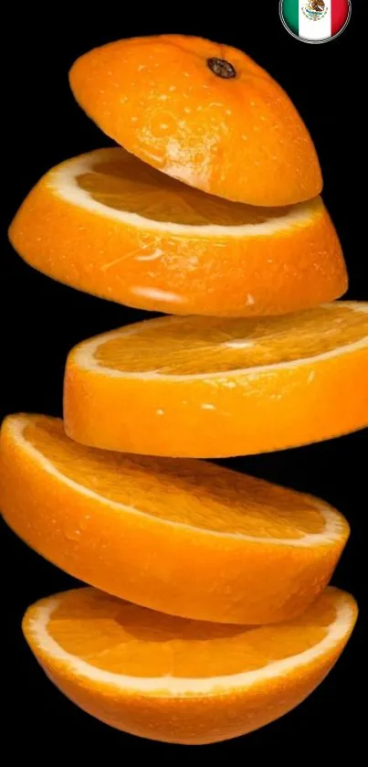 Floating orange slices on black background showcasing vibrant fruit art.