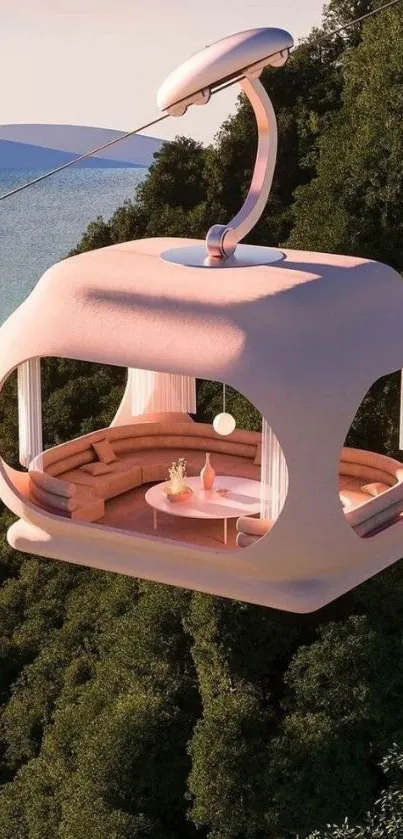 Floating pastel pod among trees and sea view.