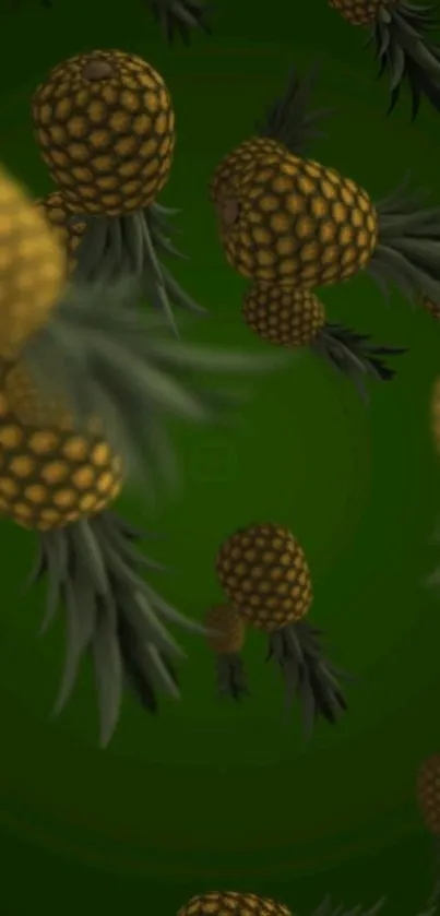 Vibrant wallpaper featuring floating pineapples on a dark green background.