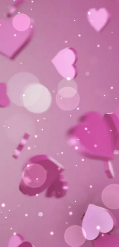 Floating pink hearts on a romantic wallpaper background.