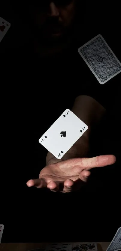 Floating playing cards defy gravity in a dark, mystical setting.