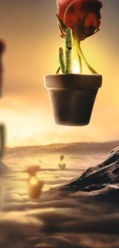 Surreal wallpaper of floating cactus and rose pots glowing over a fantasy landscape.