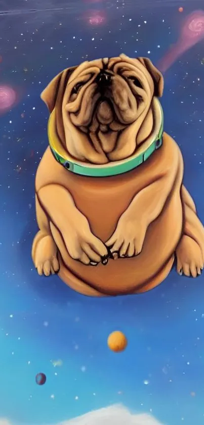 Whimsical pug floating in a galaxy with vibrant stars and planets.