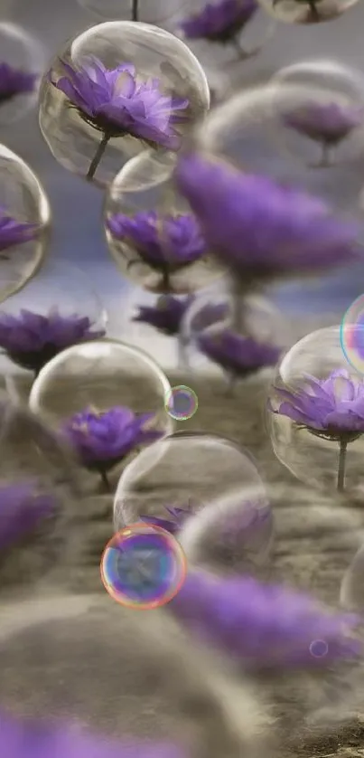 Purple flowers encased in bubbles against a serene background.