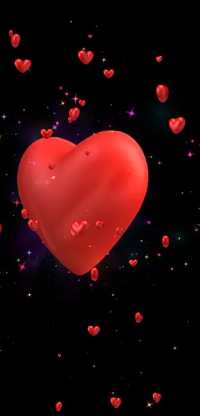 Floating red heart wallpaper with black background and scattered hearts.