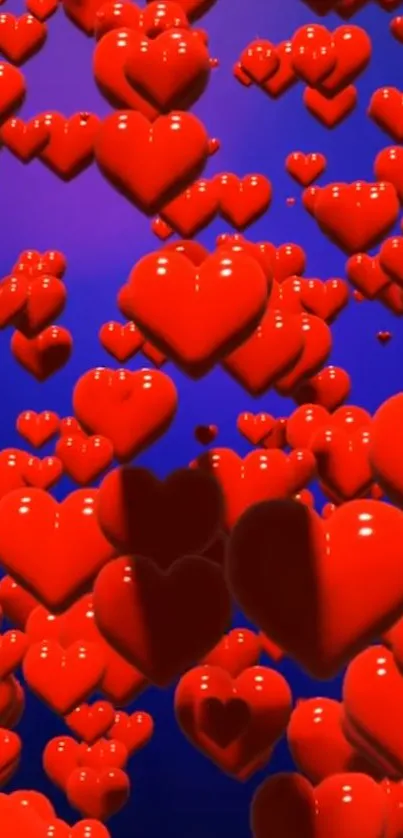 3D red hearts floating over a blue background for mobile wallpaper.