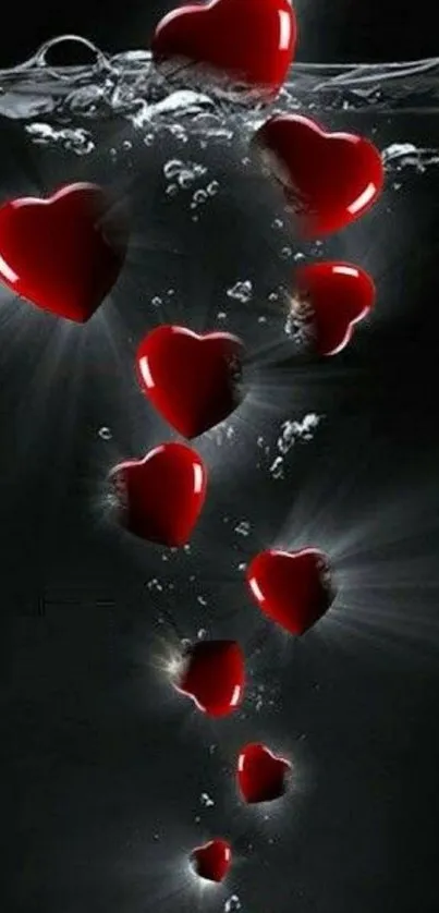 Floating red hearts against a dark background with water effects.