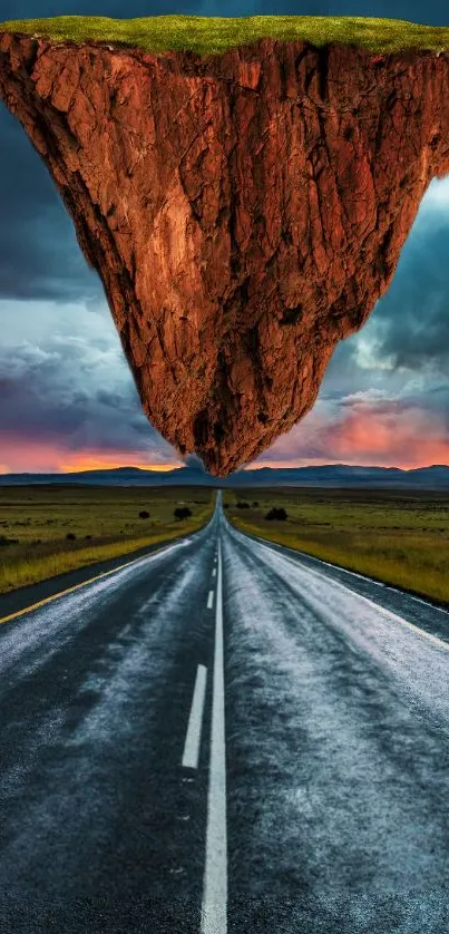 Floating rock above a deserted road under dramatic skies.