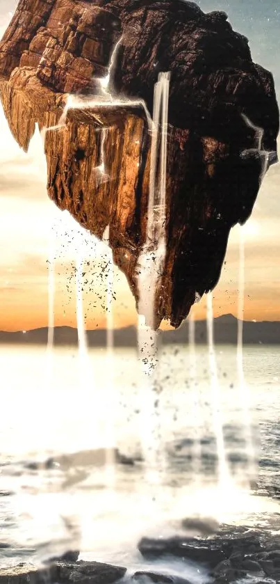 Surreal floating rock with waterfalls over ocean at sunset.