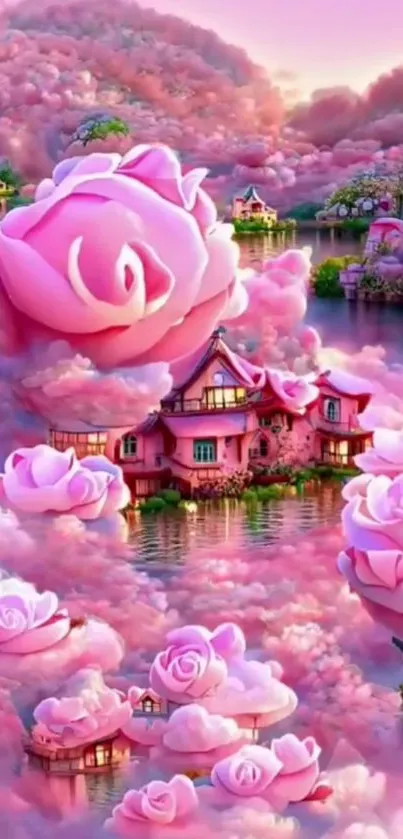 Fantasy wallpaper with pink roses and dreamy landscape.