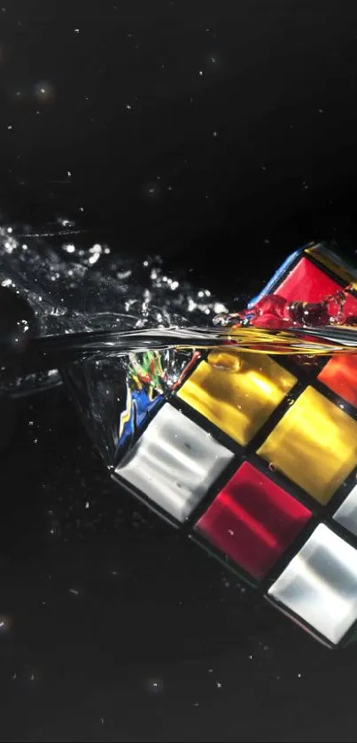 Rubik's Cube in water splash on dark background.