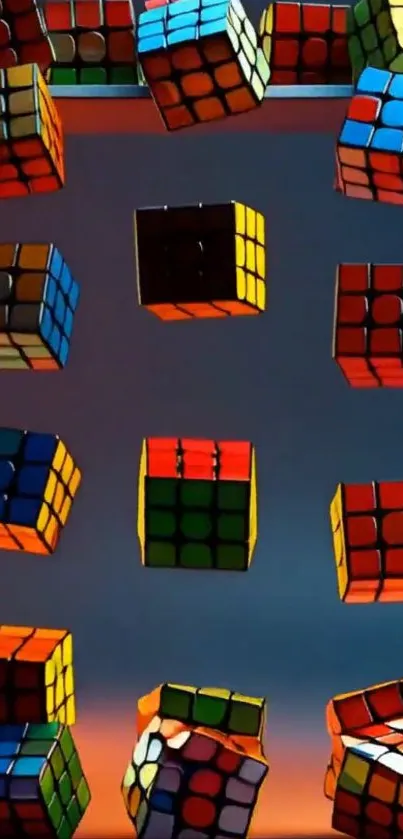Floating colorful Rubik's cubes against gradient background.
