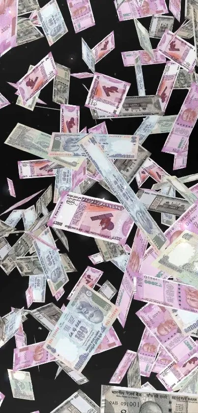 Floating Indian Rupee banknotes on black background.