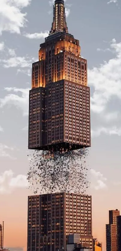 Surreal image of a skyscraper floating against a city skyline and sky.