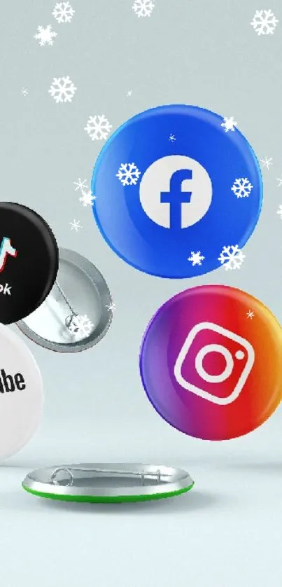 Floating social media logos on light gray background.