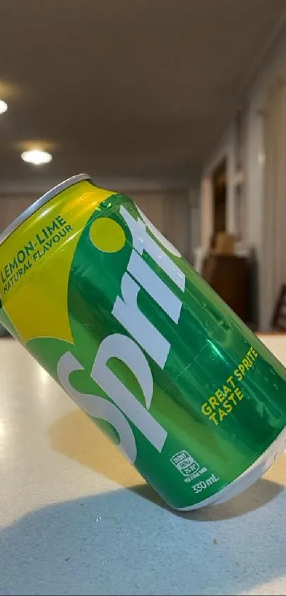 Floating soda can on table in cozy room setting.